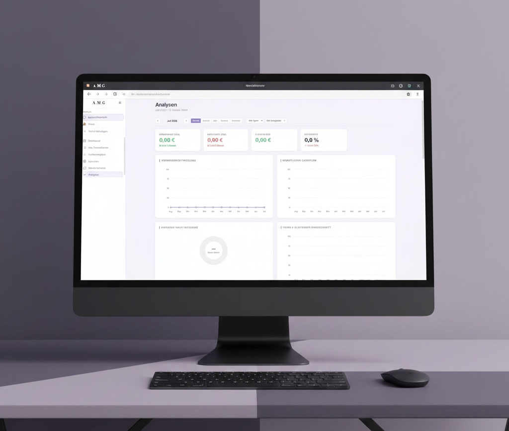 Finanz-Tool A.M.G.: Analysen-Dashboard mit Einnahmen, Ausgaben, Cashflow-Verlauf und Sparquote im 12-Monats-Trend