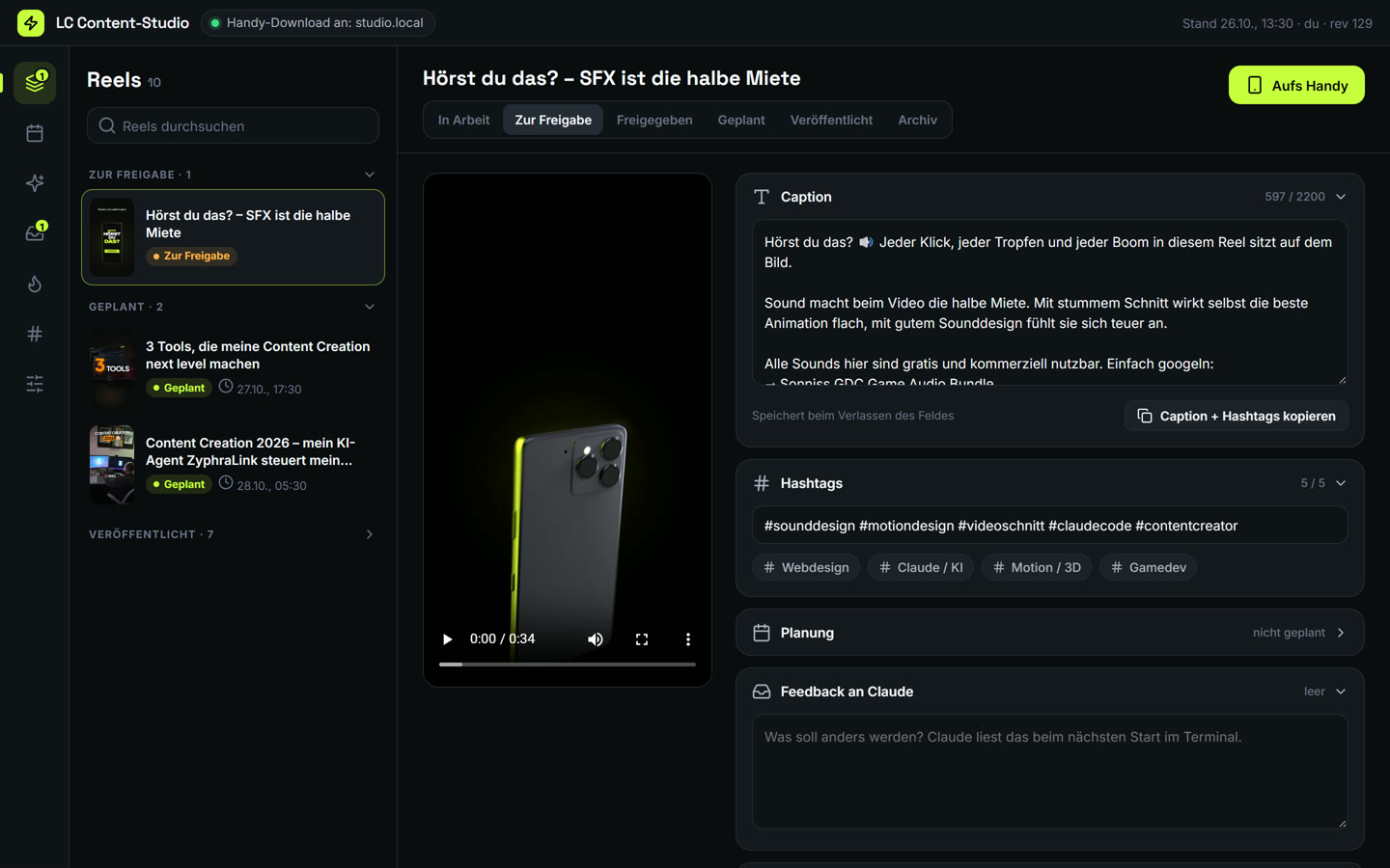 Insta-Studio: Reels-Ansicht mit Freigabe-Status, Video-Vorschau, Caption und Hashtag-Sets (Beispieldaten)