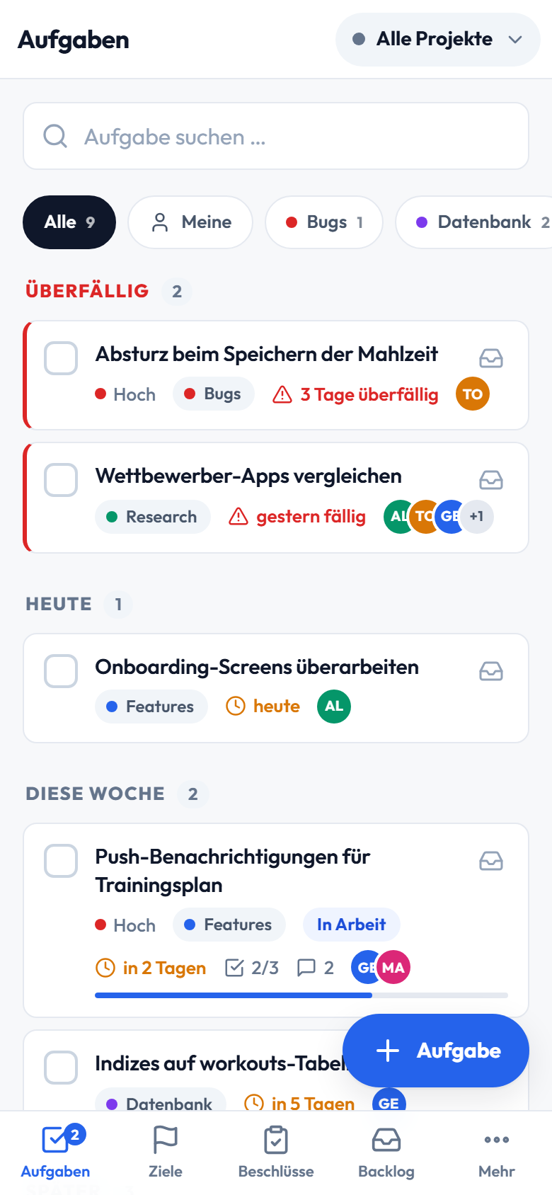 Napoleon Aufgabenansicht: Aufgaben gruppiert nach Überfällig, Heute und Diese Woche, mit Kategorien, Fälligkeiten und Zuständigen