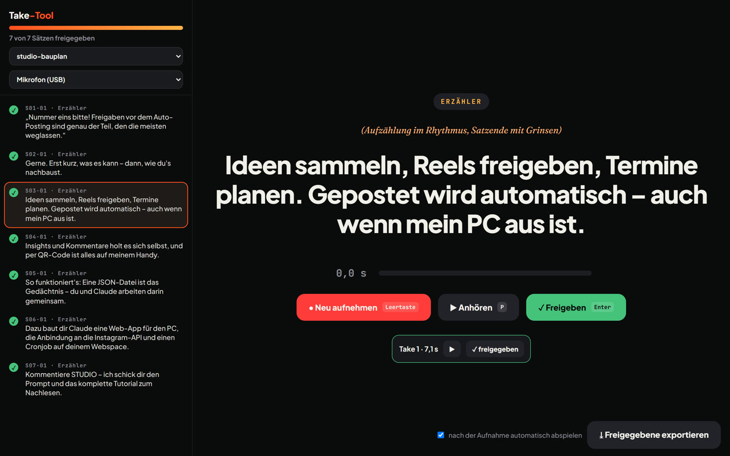Take-Tool: Sprechtext Satz für Satz, Aufnahme-Knopf, Takes zum Anhören und Freigeben, Fortschritt der freigegebenen Sätze